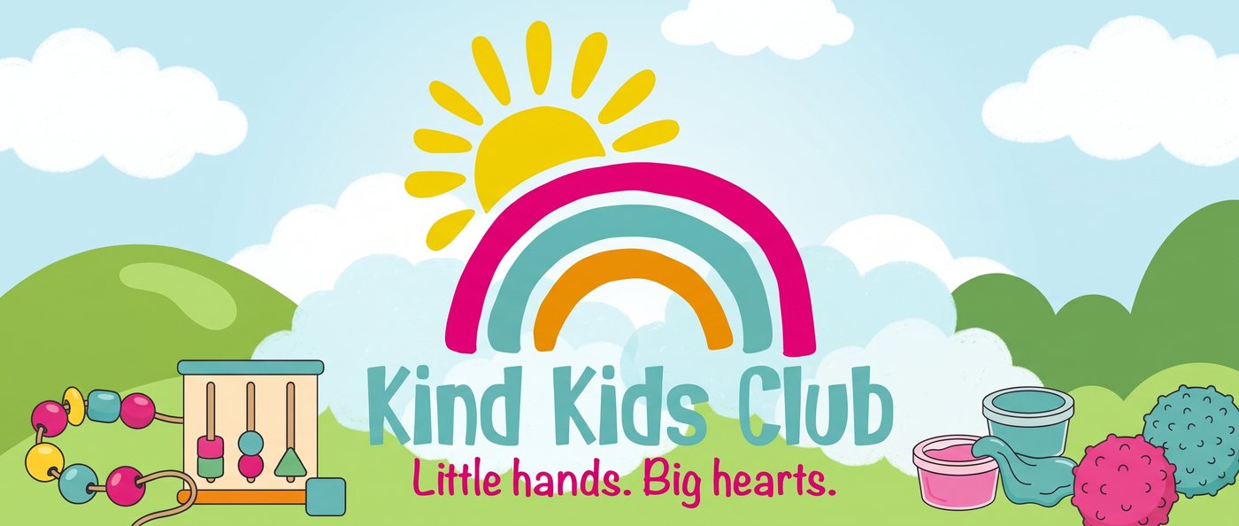 Kind Kids Club banner: a sun and rainbow over green hills with the tagline Little hands, Big hearts