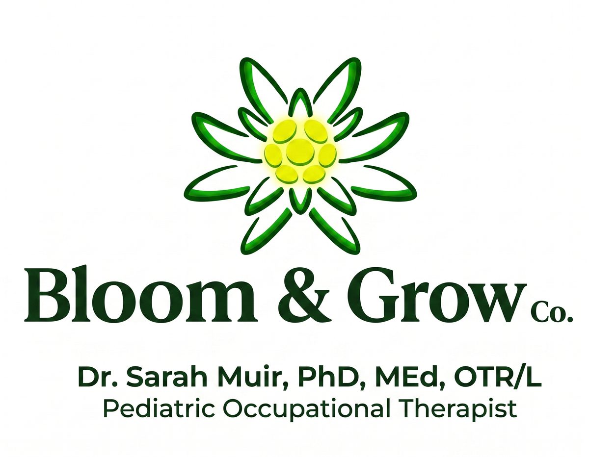 Bloom and Grow Co. logo — a line-drawn green flower with a yellow center above the practice name and Dr. Sarah Muir's credentials